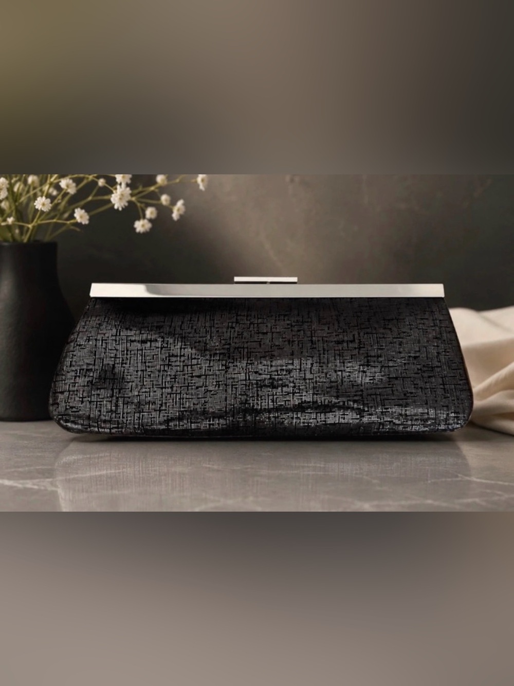 Calvin Klein Black Textured Evening Clutch with Silver Trim